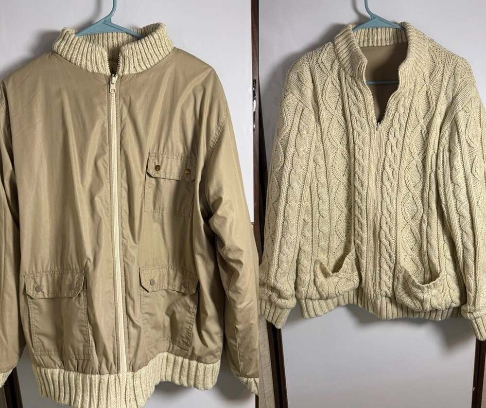 VTG Thane Reversible Knit Fisherman Cardigan/Windbreaker Jacket L 1970’s Utility